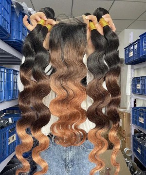 Ombre Color Body Wave Hair 4 Bundles With 4X4 Lace Closure