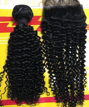 Kinky Curly Human Hair One Bundle With 4X4 Lace Closure
