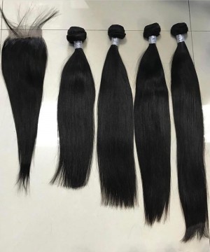 Straight Human Hair 4 Bundles With 4X4 Lace Closure 