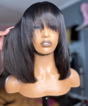 Straight Short Bob 360 Lace Frontal Wig With Bang Pre Plucked 
