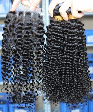 Two Kinky Curly Human Hair Bundles With Lace Closure 