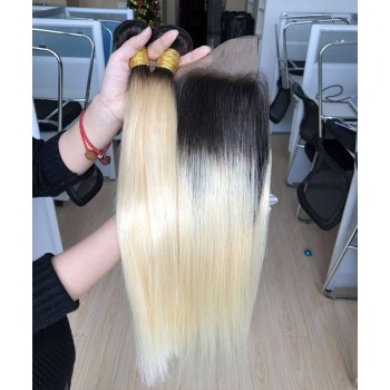 1B/613 Color Straight Human Hair Bundles With Lace Closure