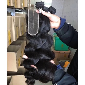 Body Wave Human Hair Bundles With 2X6 Lace Closure