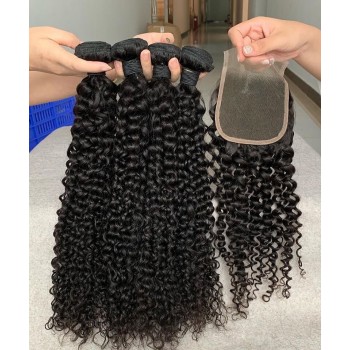 Afro Kinky Curly Human Hair 4 Bundles With 4X4 Lace Closure