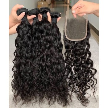 Water Wave Human Hair 4 Bundles With 4X4 Lace Closure