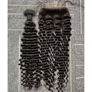 Kinky Curly Human Hair One Bundle With 5X5 Lace Closure