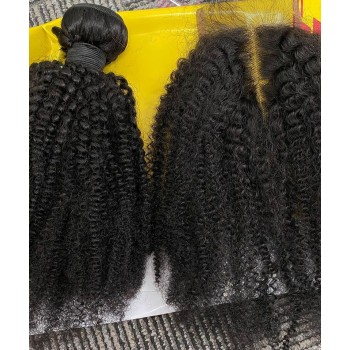 Afro Kinky Curly Human Hair One Bundle With 4X4 Lace Closure