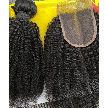 Afro Kinky Curly Human Hair Two Bundles With 4X4 Lace Closure