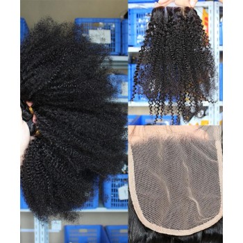 Afro Kinky Curly Human Hair Bundles With 4X4 Lace Closure