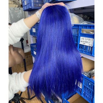 Blue Colored Straight Human Hair Wigs For Black Women
