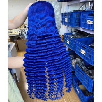 Blue Color Deep Wave 13X4 Lace Front Wig Pre Plucked