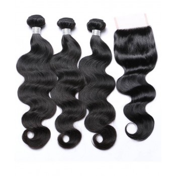 Body Wave Human Hair Bundles With 4X4 Lace Closure