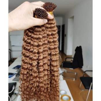 Brown Color Kinky Curly I Tip Hair Extensions 8-30 Inches