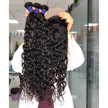 Water Wave Human Hair Bundles With 5X5 Lace Closure
