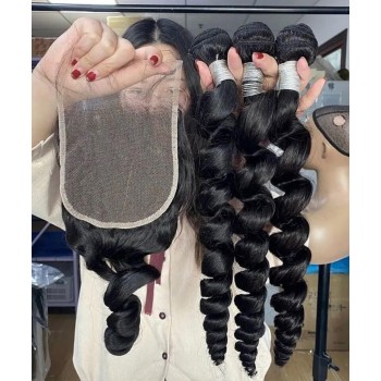Loose Wavy Three Human Hair Bundles With 5X5 Lace Closure