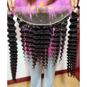 Two Deep Wave Human Hair Bundles With Lace Frontal Closure