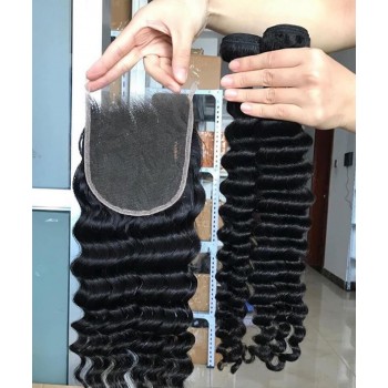 Two Deep Wave Bundles With 5X5 Lace Closure 3 Pieces/set