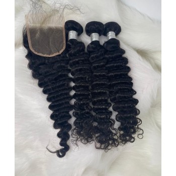 Deep Wave Human Hair Bundles With Lace Closure 4 Pieces/set