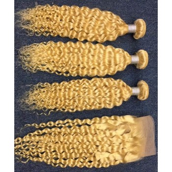 613 Deep Curly Bundles With Lace Frontal Closures 4 Pieces/set