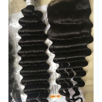 Deep Wave Human Hair One Bundle With 4X4 Lace Closure