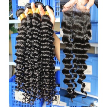 Deep Wave Human Hair Bundles With One 4X4 Lace Closure