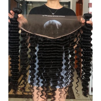 Deep Wave Human Hair Two Bundles With 13X2 Frontal Closure
