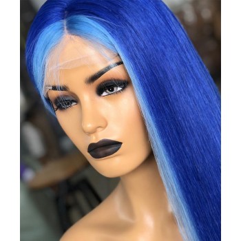 Highlight Blue Straight Transparent Lace Wig Pre Plucked