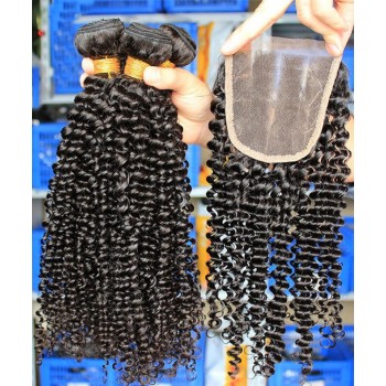 Kinky Curly Human Hair Bundles With Lace Closure 4 Pieces/set