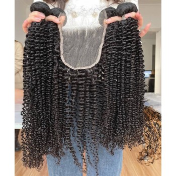 Kinky Curly Human Hair Weave 4 Bundles With 5X5 Closure