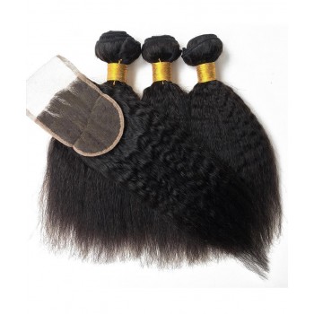 Kinky Straight Human Hair Bundles With 4X4 Lace Closure