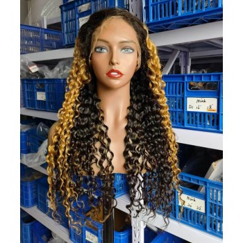 Highlight Color Kinky Curly 13X4 Lace Front Wig Pre Plucked