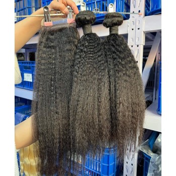 Two Kinky Straight Bundles With 5X5 Lace Closure 3 Pieces/set