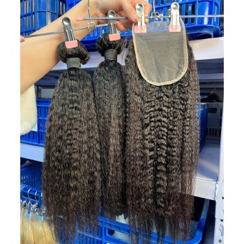 Two Kinky Straight Human Hair Bundles With Lace Closure