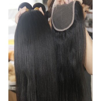 Light Yaki Human Hair Bundles With 4X4 Lace Closure 4 Pieces/set