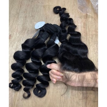 Loose Wave Human Hair 4 Bundles With 4X4 Lace Closure