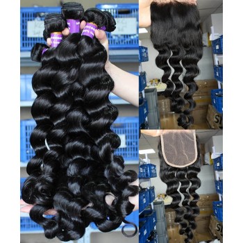 Loose Wave Human Hair Bundles With Lace Closure 4 Pieces/set