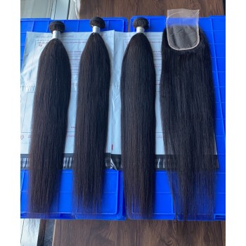 Light Yaki Straight Human Hair Bundles With 5X5 Lace Closure 4 Pieces/set