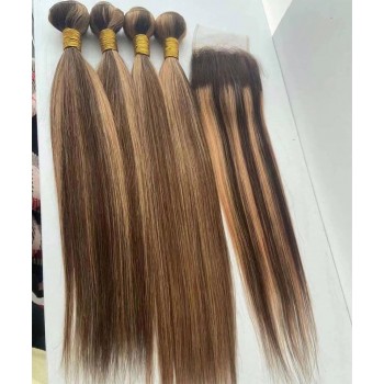 Ombre Piano Color Straight Human Hair Bundles With Closure