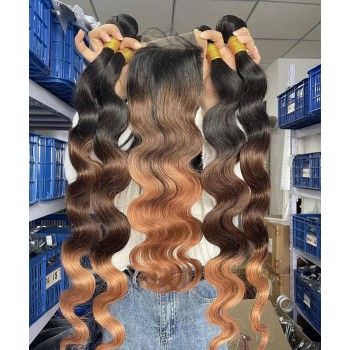 Ombre Color Body Wave Hair 4 Bundles With 4X4 Lace Closure