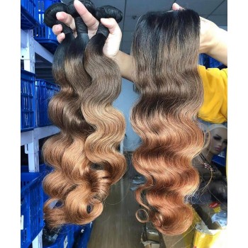 Ombre Color Body Wave Human Hair Bundles With Lace Closure
