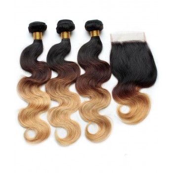 Ombre Color Body Wave Human Hair Bundle With Lace Closure