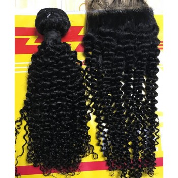 Kinky Curly Human Hair One Bundle With 4X4 Lace Closure
