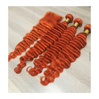 Orange Color Deep Wave Bundles With Lace Closure