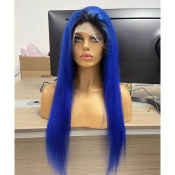 1B/Blue Straight Transparent Lace Front Wig Pre Plucked