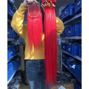 99J Red Color Straight Human Hair Bundles With Lace Closure