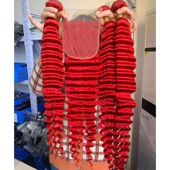 Red Color Deep Wave Human Hair Bundles With Lace Closure