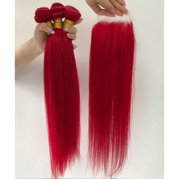 Red 99J Color Straight Hair Bundles With 5X5 Lace Closure