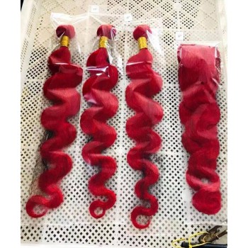 Red Color Body Wave Human Hair Bundles With Lace Closure