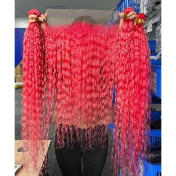 99J Red Deep Curly Human Hair Bundles With Frontal Closure