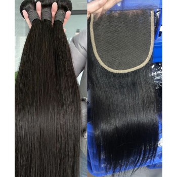 Straight Wave Human Hair One Bundle With 4X4 Lace Closure